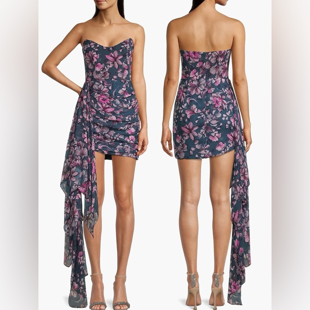 Katie May Strapless Floral Drape Mini Dress in Charcoal and Pink